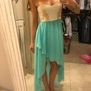Teal  and gold high low maxi dress